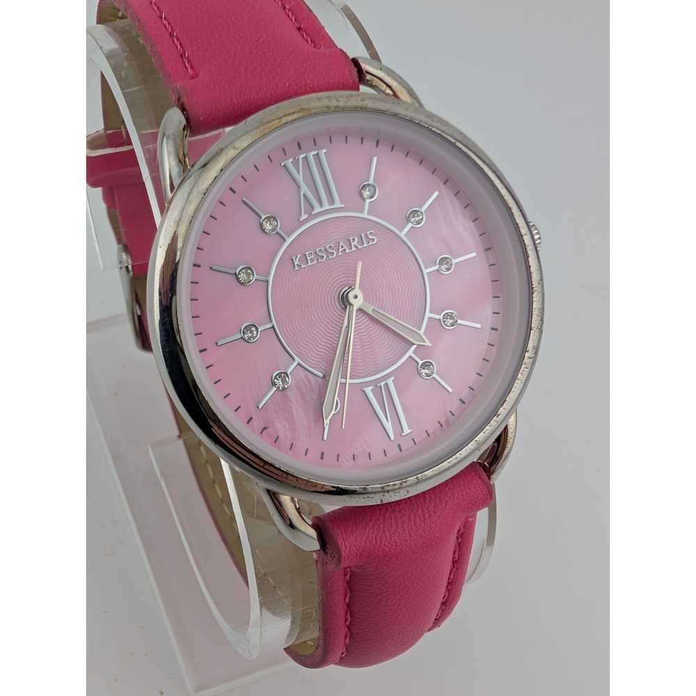 Kessaris Watch Women 35mm Silver Case Pink MOP Dial Pink‎ Band- New Battery